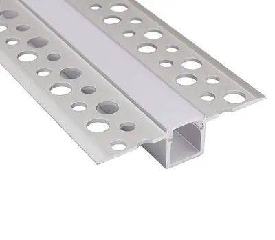 A close-up, angled view of a section of an aluminum profile for LED strips, designed for drywall installation.
