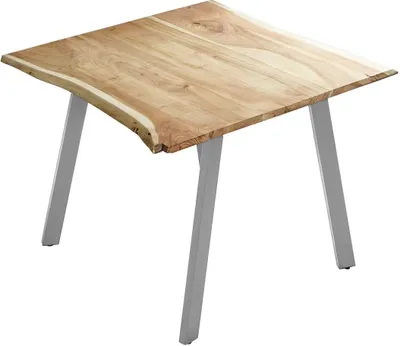Produktbild von Esszimmertisch 80x80 cm Laxmi, echte Baumkante, naturfarben, massiver Esstisch aus Akazienholz, Baumkantentisch mit Vier Metallbeinen Silber