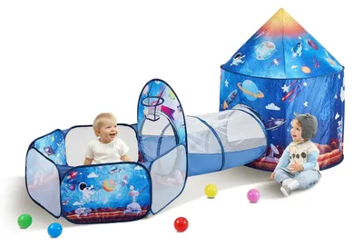 Produktbild von 3-in-1 Spieltunnelzelt, Pop-up-Zelt für drinnen und draußen, Tragetasche, Gurte, blaue Rakete, für Kleinkinder.