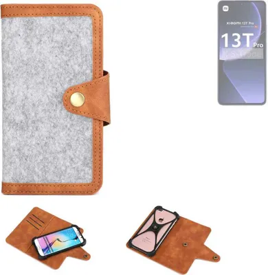 Produktbild von K-S-Trade Handyhülle kompatibel mit Xiaomi 13T Pro Schutzhülle Filz-Hülle Kunst-Leder hellgrau braun (1x)