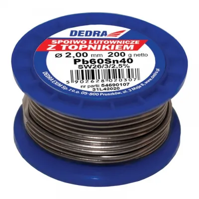 Zdjęcie produktu dla Lut Z Topnikiem, Spoiwo Lutownicze Dedra 31L42020 2.0Mm, 200G, 40%Sn, Pb60Sn40