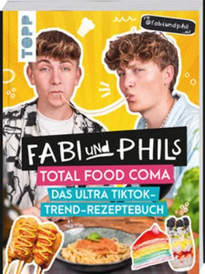 A cookbook cover featuring two young men and various food items.
