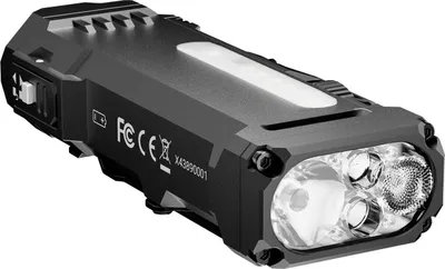 A black flashlight is shown from a slightly elevated angle against a white background.