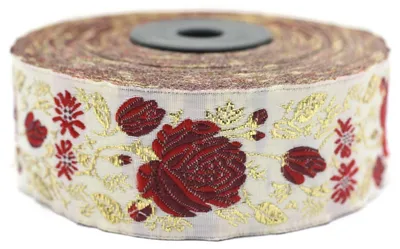 Produktbild von Jacquard-Webband in Bordeaux mit goldenen Akzenten - 10 Meter x 35 mm