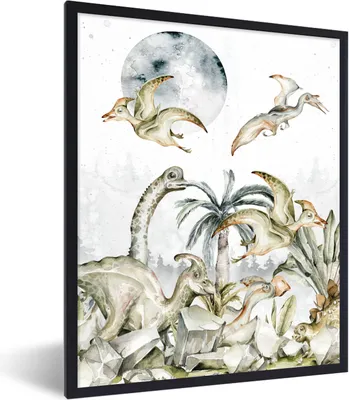 Produktbild von MuchoWow® Gerahmtes Poster Dinosaurier - Kinder - Dschungel - Grün - Tiere - Natur 60x80 cm - Poster mit Schwarzem Bilderrahmen Wandposter Rahmen Foto Bilder - Premium - Wanddeko Wohnzimmer