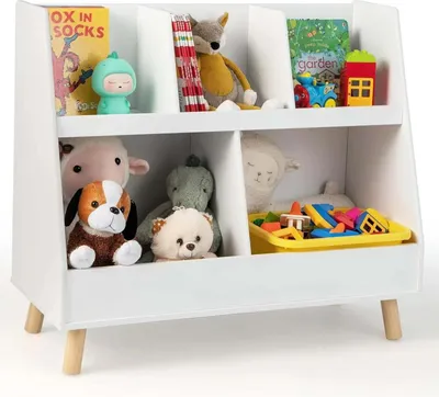 Produktbild von Kinder-Bücherregal - Regal mit 5 offenen Fächern - Massivholzbeine - Kippschutz - Kindgerechte Höhe - Weiß