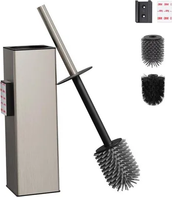 Produktbild von Bohrungsfreies Toilettenbürsten-Set zur Wandmontage, aus Edelstahl, inklusive 2 Bürsten, einer Silikon-Toilettenbürste, einem Bürstenhalter, für das Badezimmer