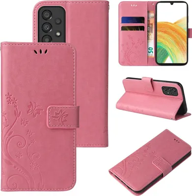 Collage of product images showing a pink floral butterfly flip case for a Samsung Galaxy A33 5G phone from multiple angles.