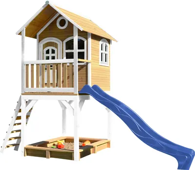 Produktbild von AXI Spielhaus Sarah mit Sandkasten & blauer Rutsche | Stelzenhaus in Braun & Weiß aus  Holz für Kinder | Spielturm mit Wellenrutsche für den Garten