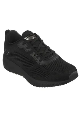 A black Skechers sneaker is shown from a side angle against a white background.