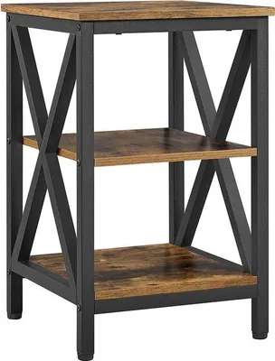 Immagine prodotto di Comodino con 3 ripiani in legno, struttura robusta a X, design industriale, stile vintage, marrone scuro