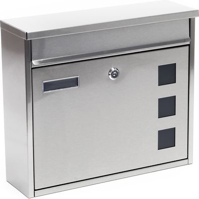 Wiltec Briefkasten V12 Edelstahl 360 x 115 x 315 mm, Wandbriefkasten mit Schloss, Sichtfenstern und Namensschild, Postkasten aus Stahl
