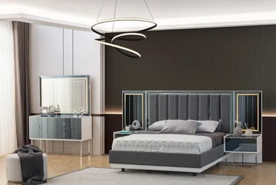 Produktbild von Moderne Grau-Weiße Schlafzimmer Möbel Holz Nachttische Doppelbett 5tlg