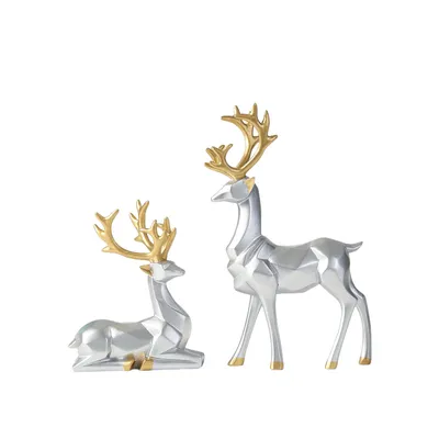 Produktbild von 2 Stück Weihnachts-Rentier-Figuren, Dekoration, nordischer europäischer Stil, Hirsch-Statue, Kamin, Fenster, Schreibtisch, Schlafzimmer, Regal, Ornament(Silber)