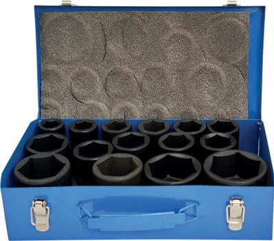A blue metal toolbox containing a set of black socket wrenches.