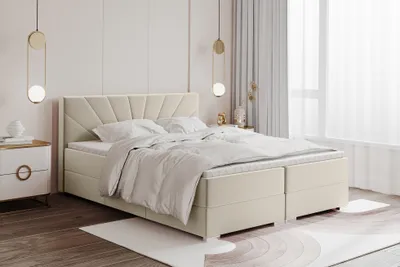 Produktbild von MEBLINI Boxspringbett mit Bettkasten - Gepolstert Doppelbett mit Matratze und Topper - Polsterbett mit Stauraum - Bett mit Kopfteil - Stauraumbett - JOHN - 180x200 - H3B/Beige Samt