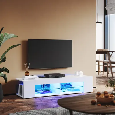 Obrázek produktu pro SONNI TV skříňka bílá vysoký lesk 135 x 39 x 30 cm Vybavena světelným pásem RGB a úložnou skříňkou