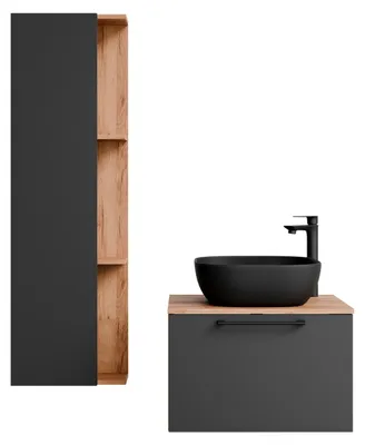 Produktbild von Planetmöbel Waschtischunterschrank Astra 60 cm Gold Eiche/Anthrazit mit schwarzem Waschbecken und Seitenschrank