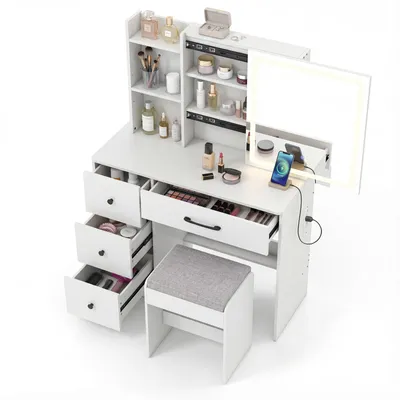 Produktbild von COSTWAY Schminktisch mit LED Schiebespiegel & Schminkhocker, Kosmetiktisch Frisiertisch-Set mit Schubladen, Steckdosen & 2 verstellbare Ablagefächer