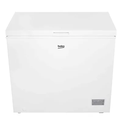 A white Beko chest freezer is shown from the front against a white background.