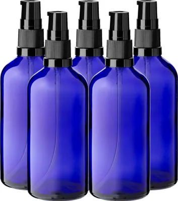 Produktbild von 5x Blaue Glasflasche 100 ml mit schwarzer Pumpe Dispenserpumpe 18 mm