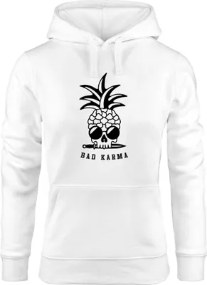Produktbild von Hoodie Damen Totenkopf Ananas Schriftzug Bad Karma Kapuzen-Pullover Neverless® weiß S