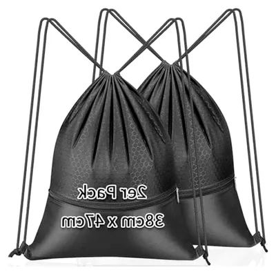 Produktbild von 2er Set Sportbeutel mit Kordelzug und Reißverschluss, 38 x 47 cm, für Fitness, Reisen und Schwimmen