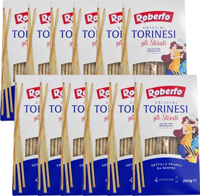 Produktbild von Roberto Grissini Torinesi 12x250g Beutel | ultra-dünne Brotstangen | als Snack, Beilage oder im Büro | auch perfekt zu Käse- oder Salamiplatten