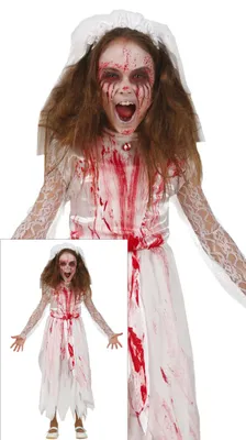 Produktbild von Halloween Braut Geisterkostüm Rotes Spitzendetail Gruselig, Größe: 98/104 Farbe: Weiß