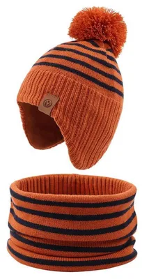 Produktbild von Baby Mütze & Schal Set Winter Strick warm mit Bommel für Mädchen Jungen 2-4 Jahre Karamell