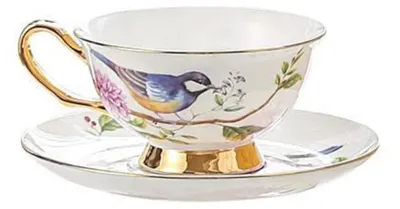 Produktbild von Teetassen-Set mit Untertasse, Porzellan, chinesischer Stil, Vogelmotiv, 200ml, Goldrand