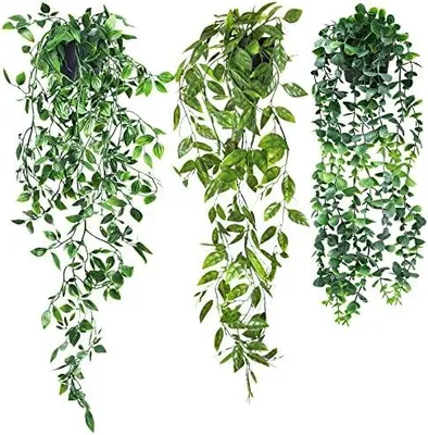 Produktbild von 3 Stück Hängepflanze Künstlich mit Topf,55-85 cm Kunstpflanze Hängend, Künstliche Hängepflanzen wie echt Artificial Plants Plastikpflanzen Deko für Indoor Outdoor Draußen Garten Deko