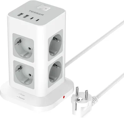 Produktbild von TESSAN 8 Fach Mehrfachsteckdose mit 2 USB C Verlängerungskabel 2M Steckdosenturm mit Schalter Grau 3600W