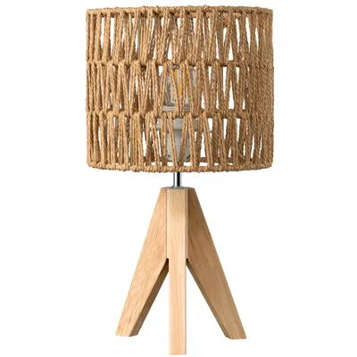 A table lamp with a woven rope shade and a wooden tripod base, shown against a white background.