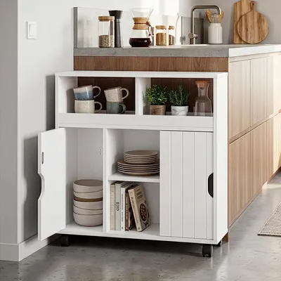 Obrázok produktu pre Nicheová skrinka na kolieskach „Fadeskimma“ Kúpeľňová skrinka 72 x 70 x 20 cm s 3 dverami a 2 otvorenými priehradkami Biela