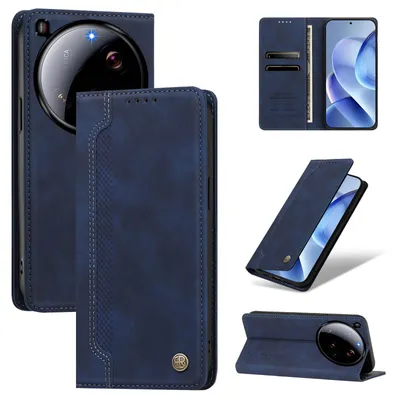 Image de Étui pour Xiaomi 15 Ultra, type portefeuille en cuirPolyuréthaneavec compartiments pour cartes et support intégré, couleur bleu foncé