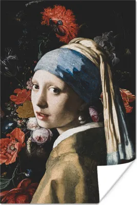 Produktbild von MuchoWow® Poster Mädchen mit Perlenohrring - Johannes Vermeer - Blumen - Rot 40x60 cm - Plakate für die Wand - Poster Babyzimmer
