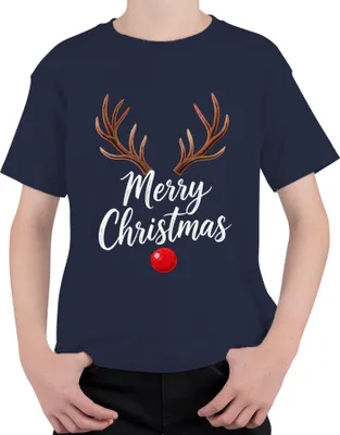 Produktbild von Merry Christmas Rentier Rudolph Geweih rote Nase Weihnachten Uni Kinder T-Shirt, Navy, 128