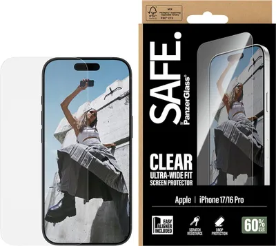 Product packaging for a screen protector, with a phone displaying an image of a person.