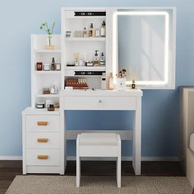 Produktbild von Schminktisch Kosmetiktisch mit Spiegel & Hocker, Frisierkommode mit LED-Beleuchtung Set, Frisiertisch mit 4 Schubladen, Schlafzimmermöbel Vanity Set