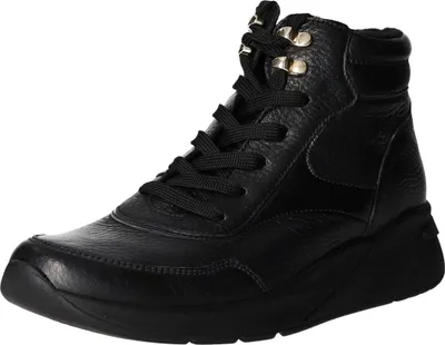 A black leather boot on a white background.