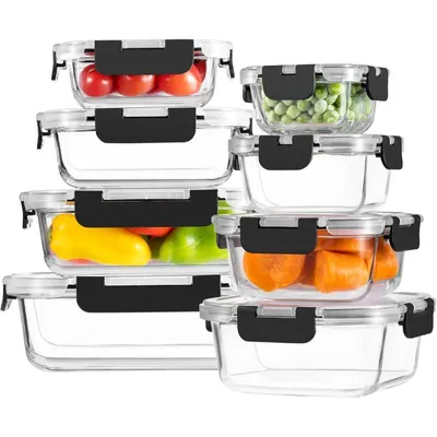 Produktbild von 8er Glas Frischhaltedosen Set mit Deckel,auslaufsichere Essensboxen,stapelbar,Mittagessen Box,Essen Box,mikrowellen und gefrierschrankgeeignet,Schwarz