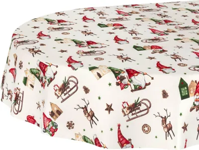 Produktbild von Tischdecke Weihnachten Weihnachtszwerg Rot-Grün Oval 260x140cm Schnittkante Wasserabweisend abwaschbar