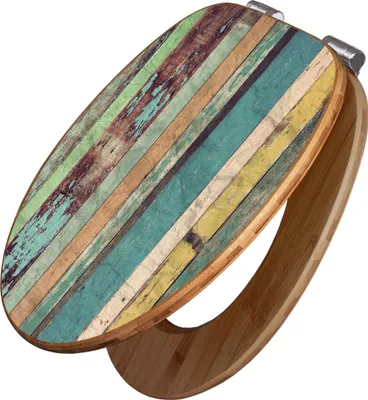 A toilet seat with a colorful, distressed wood plank design.