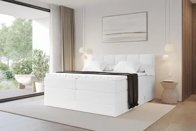 Produktbild von ALTDECOR Boxspringbett - H3/H4 Matratze und Topper - FAMA KING - 160x200 - Weiß - Doppelbett, Boxbett, Polsterbett mit Bettkasten mit Stauraum und Kopftei