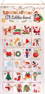 Productafbeelding van Adventskalender 2026 als wandkalender van stof - Adventskalender om te vullen - Herbruikbaar met 24 stoffen zakken