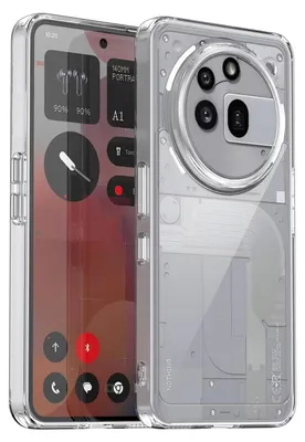 A transparent phone case is shown on the right, revealing the internal components of a phone on the left. The phone screen displays widgets and icons.