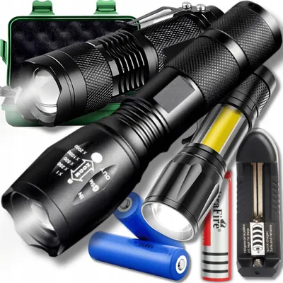 A collage of three black tactical flashlights, batteries, and a charger, with a green carrying case in the background.