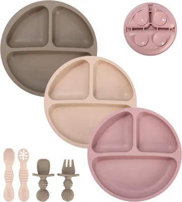 Produktbild von 7-teilig Silikon Essensset für Kinder, Baby Teller mit Saugnapf, 3-fach geteilt, 19cm, inkl. 4 Löffel & Gabeln, spülmaschinenfest (Grau, Beige, Rosa)