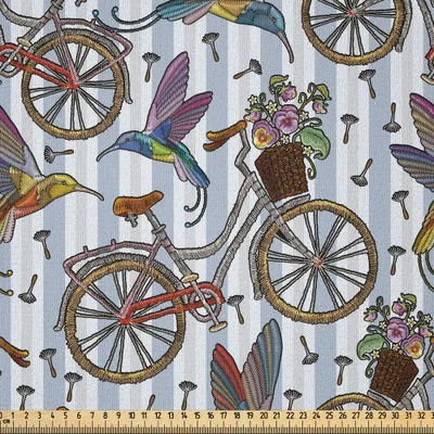 Produktbild von ABAKUHAUS Fahrrad Microfaser Stoff als Meterware , Nostalgischer Fahrrad-Sommer blüht im Korb, der mit buntem Kolibri begleitet wird, 10 M (230 x 1000 cm), Mehrfarbig
